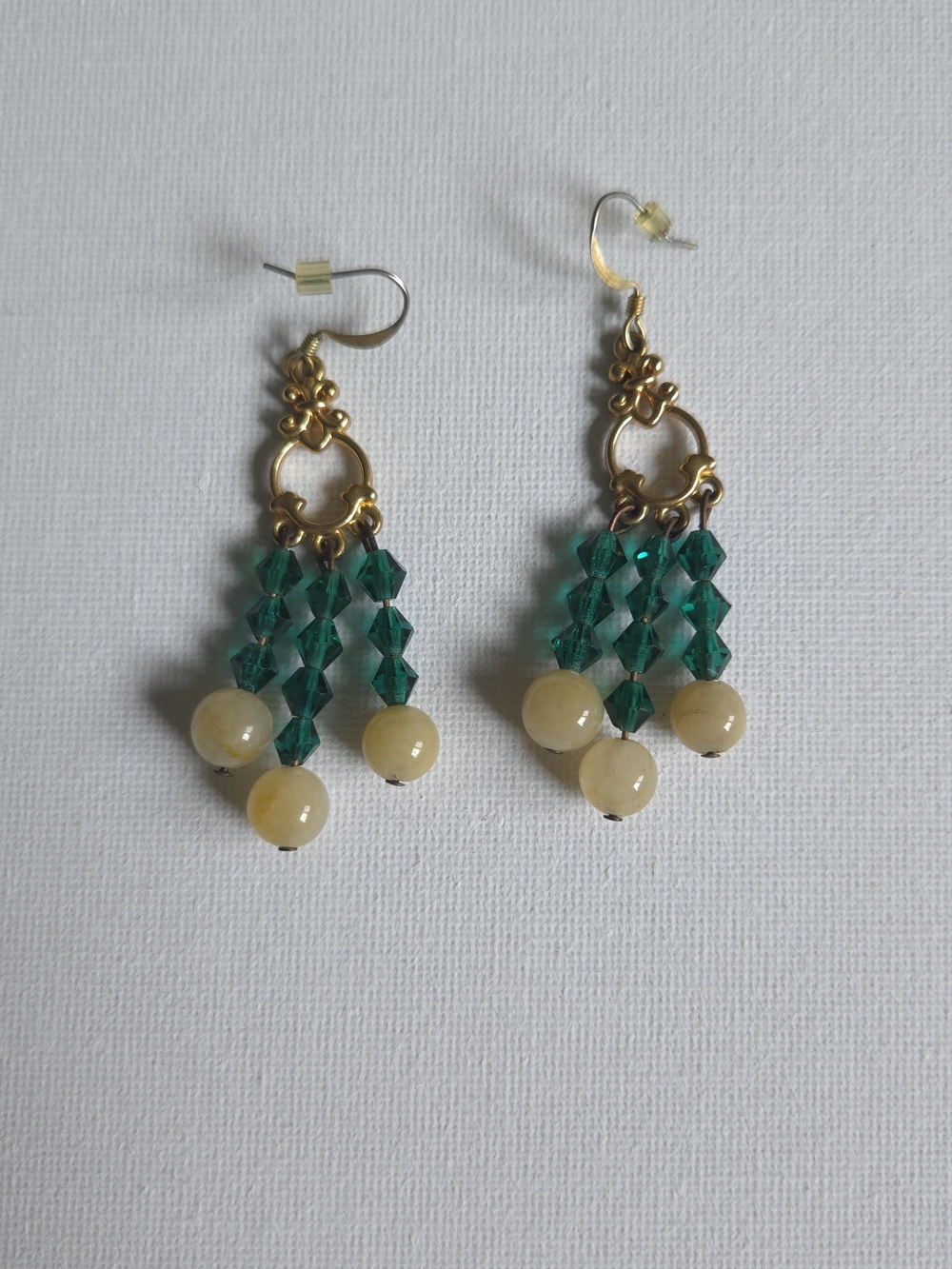 Vintage Gold Chandelier Dangle Earrings Emerald Green Crystal Bicone Yellow Bead